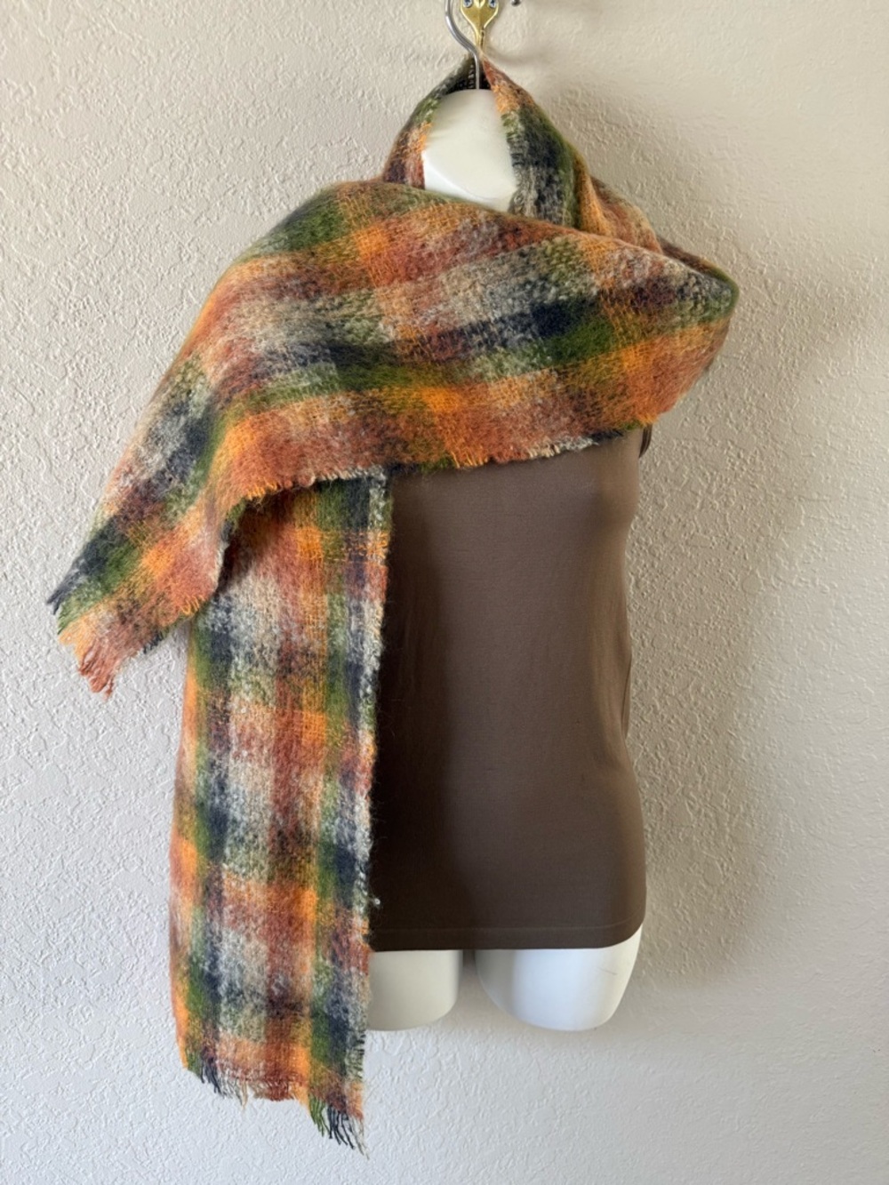 Donegal Design Earth Tone Plaid Scarf Mohair Wool Ireland Excellent Condition